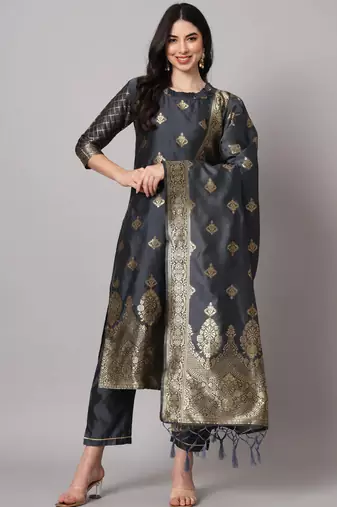 Grey cotton silk jacquard designer festive wear readymade suit