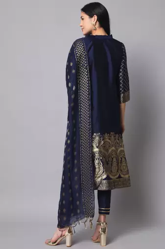 navy-blue fancy cotton silk kurta set