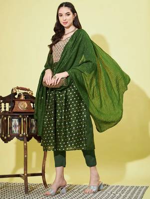Mehendi green chanderi modal butti designer festive wear readymade suit 2