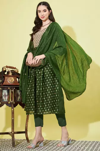 Mehendi green chanderi modal butti designer festive wear readymade suit