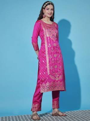 Pink cotton silk jacquard designer festive wear readymade suit 3