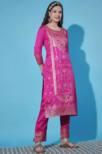 Pink cotton silk jacquard designer festive wear readymade suit
