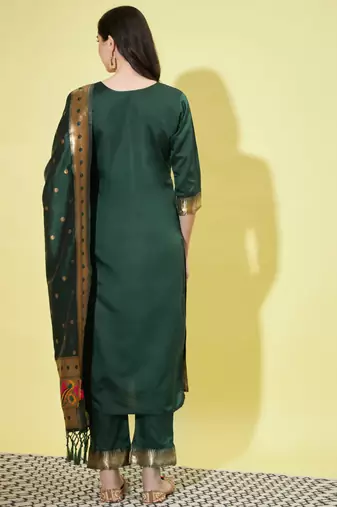 Green silk jacquard designer festive wear readymade suit