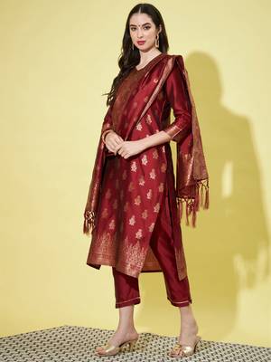 Maroon cotton silk jacquard designer festive wear readymade suit 2