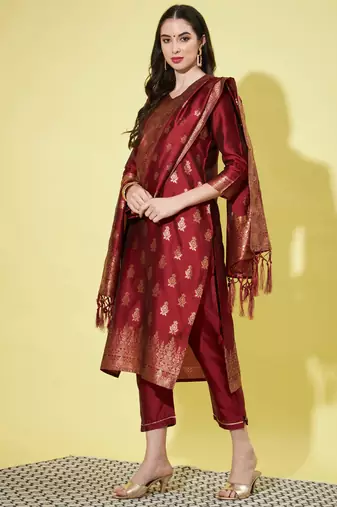 Maroon cotton silk jacquard designer festive wear readymade suit