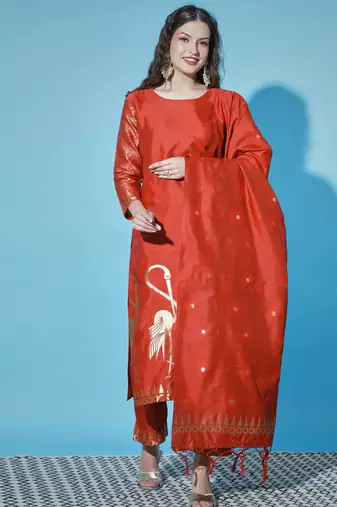 Red cotton silk jacquard designer festive wear readymade suit