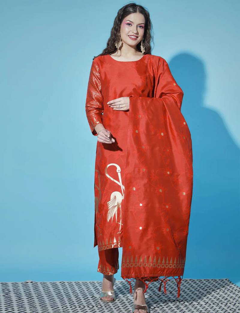 Red cotton silk jacquard designer festive wear readymade suit