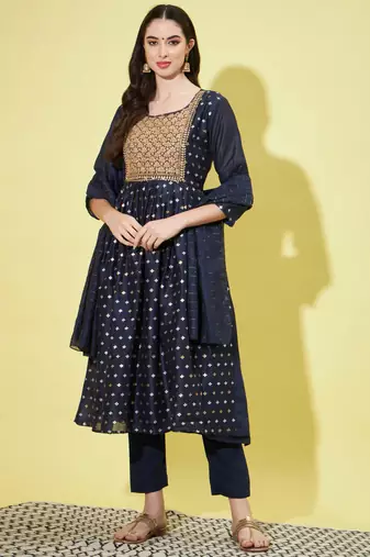 Navy blue chanderi modal butti designer festive wear readymade suit