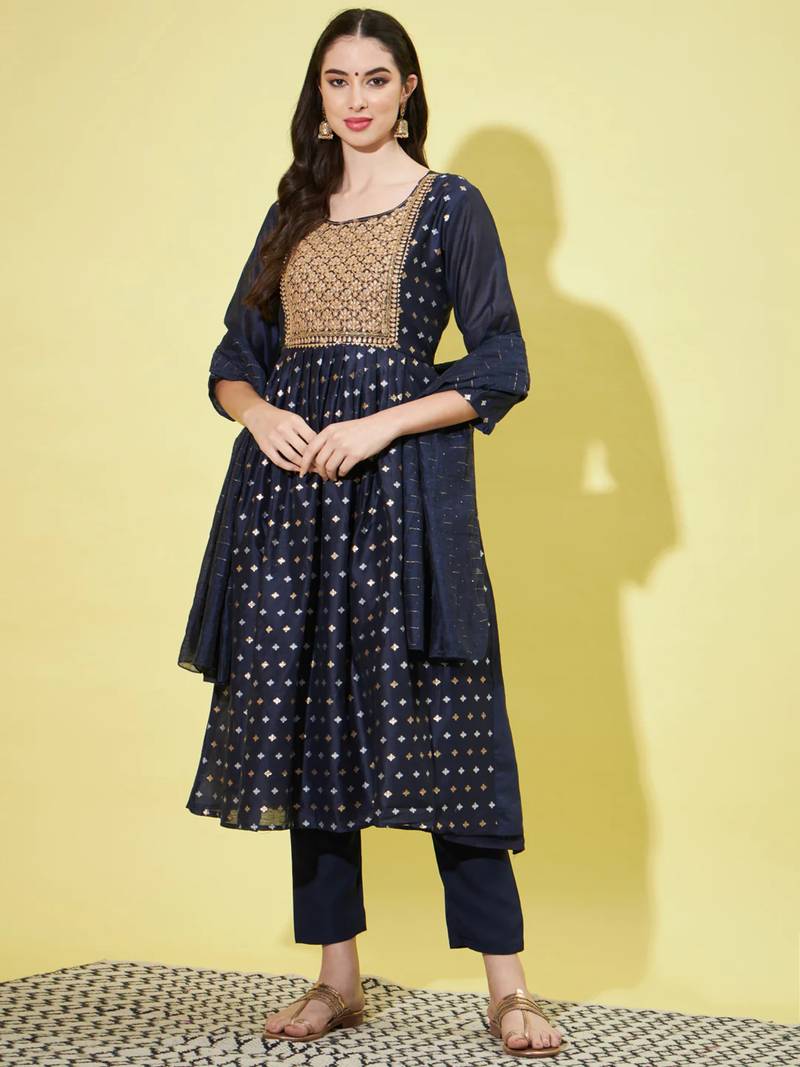 Navy blue chanderi modal butti designer festive wear readymade suit