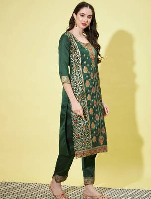 Green cotton silk jacquard designer festive wear readymade suit 3