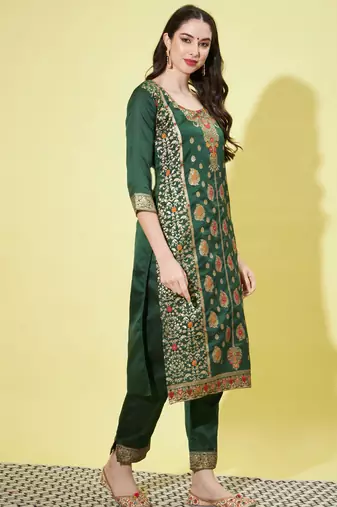 Green cotton silk jacquard designer festive wear readymade suit