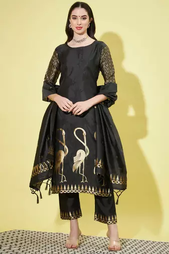 Black cotton silk jacquard designer festive wear readymade suit