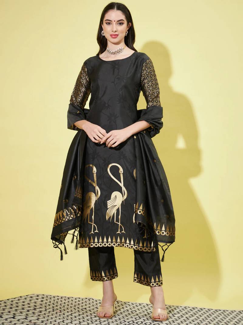 Black cotton silk jacquard designer festive wear readymade suit