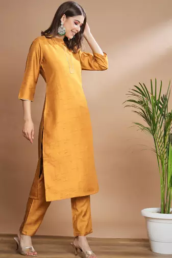 Mustard cotton silk blend designer festive wear readymade suit