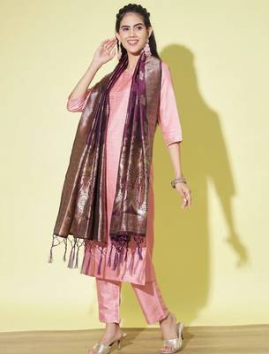 Baby-pink cotton silk blend designer festive wear readymade suit 2