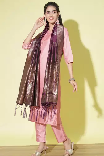 Baby-pink cotton silk blend designer festive wear readymade suit