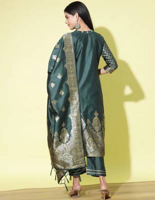 Green cotton silk jacquard designer festive wear readymade suit 4