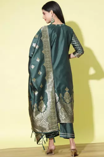 Green cotton silk jacquard designer festive wear readymade suit