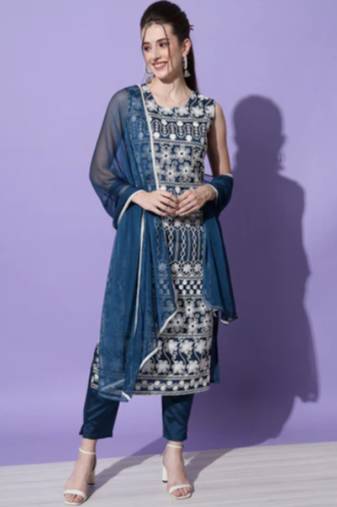 Teal silk blend designer festive wear readymade suit