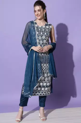 Teal silk blend designer festive wear readymade suit