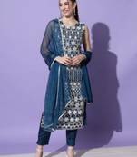 Teal silk blend designer festive wear readymade suit