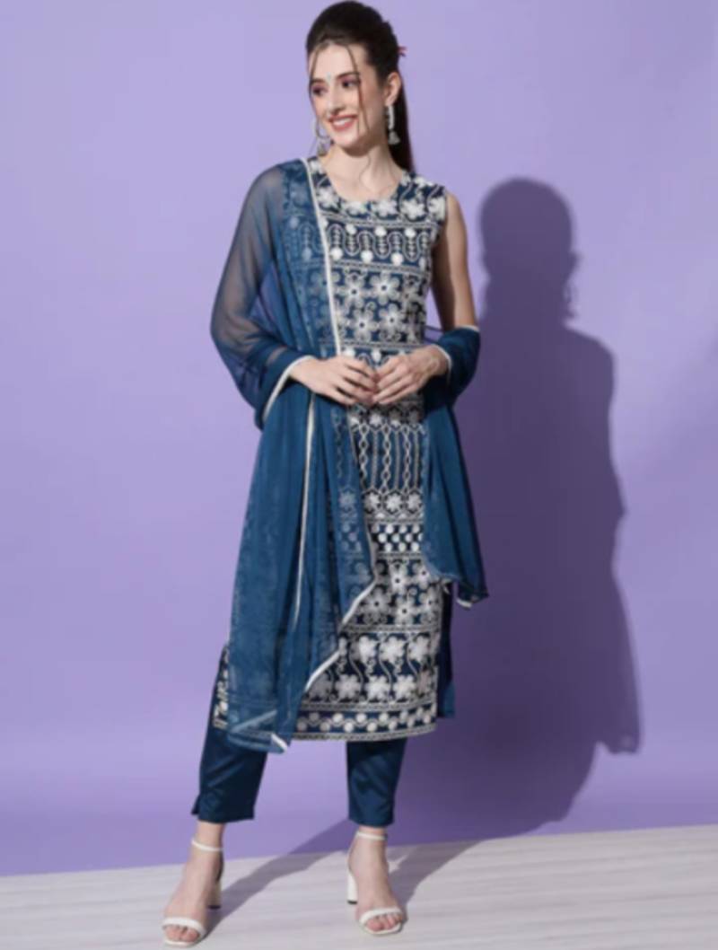 Teal silk blend designer festive wear readymade suit