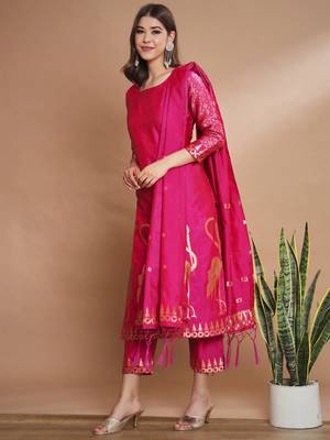 Pink cotton silk jacquard designer festive wear readymade suit 2