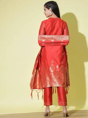 Red cotton silk jacquard designer festive wear readymade suit 4