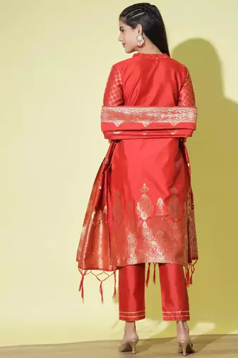 Red cotton silk jacquard designer festive wear readymade suit