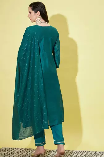 Teal chanderi modal butti designer festive wear readymade suit