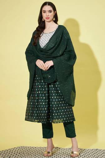 Green chanderi modal butti designer festive wear readymade suit