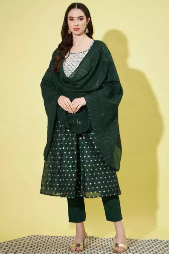 Green chanderi modal butti designer festive wear readymade suit
