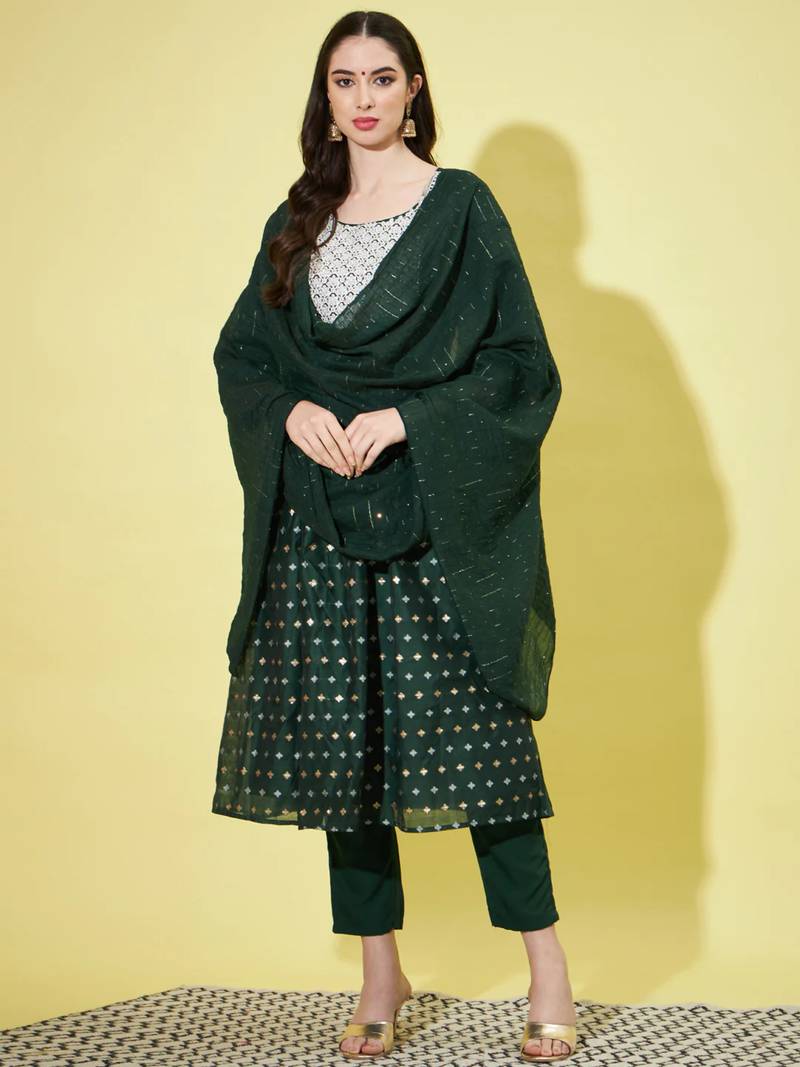 Green chanderi modal butti designer festive wear readymade suit