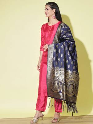Cherry-red cotton silk blend designer festive wear readymade suit 2