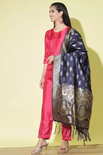 Cherry-red cotton silk blend designer festive wear readymade suit
