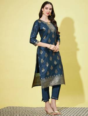 Blue cotton silk jacquard designer festive wear readymade suit 3