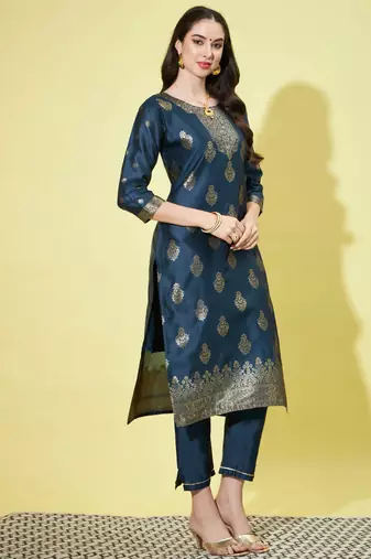 Blue cotton silk jacquard designer festive wear readymade suit