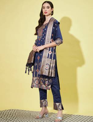 Blue cotton silk jacquard designer festive wear readymade suit 2