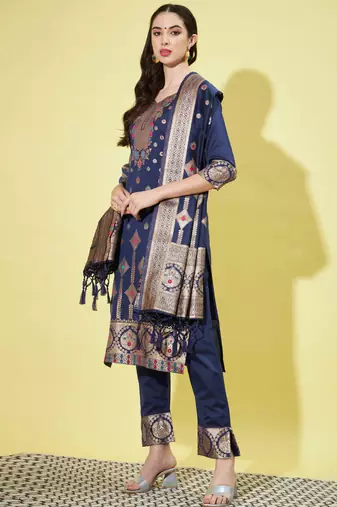 Blue cotton silk jacquard designer festive wear readymade suit