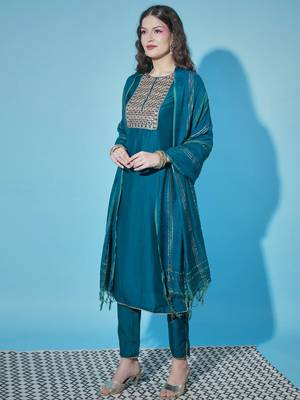 Teal cotton silk jacquard designer festive wear readymade suit 3