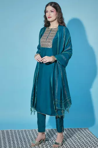 Teal cotton silk jacquard designer festive wear readymade suit