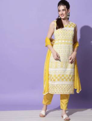 Yellow silk blend designer festive wear readymade suit 2