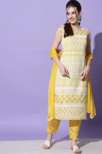 Yellow silk blend designer festive wear readymade suit