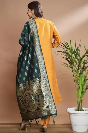 Mustard cotton silk blend designer festive wear readymade suit
