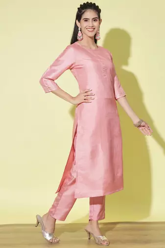 Baby-pink cotton silk blend designer festive wear readymade suit
