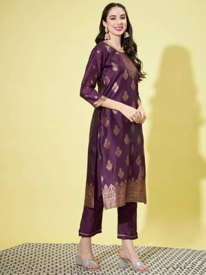 Purple cotton silk jacquard designer festive wear readymade suit 3