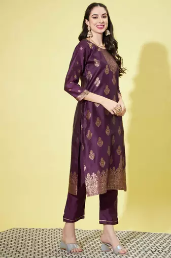 Purple cotton silk jacquard designer festive wear readymade suit