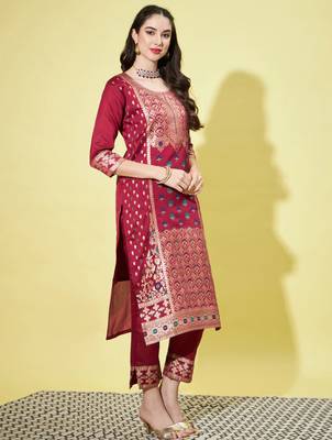 Maroon cotton silk jacquard designer festive wear readymade suit 3
