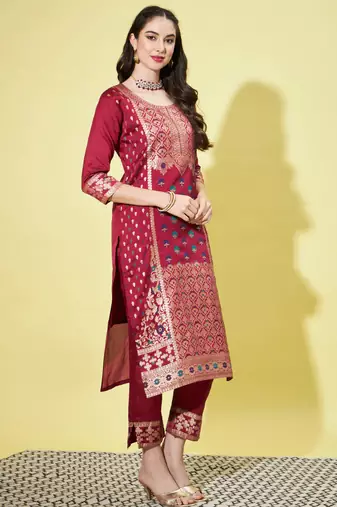 Maroon cotton silk jacquard designer festive wear readymade suit