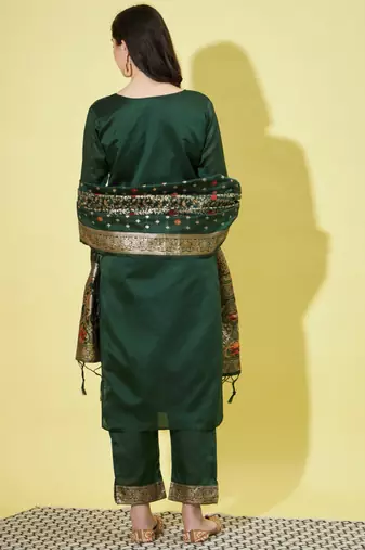Green cotton silk jacquard designer festive wear readymade suit